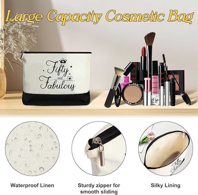 50th Birthday Gifts for Women 50 and Fabulous Canvas Tote Bag Travel Gear, Unique 50 Years Old Gifts for Wife Sister Mom Aunt Friends Her, Handbag & Cosmetic Bag & 50 Birthday Poster