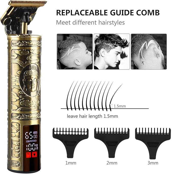 Professional Hair Clippers for Men Electric Haircut Kit Hair Trimmer Grooming Waterproof Rechargeable Close Cutting T Blade Trimmer USB Rechargeable Clippers for Hair Cutting (LED-Vintage Gold)