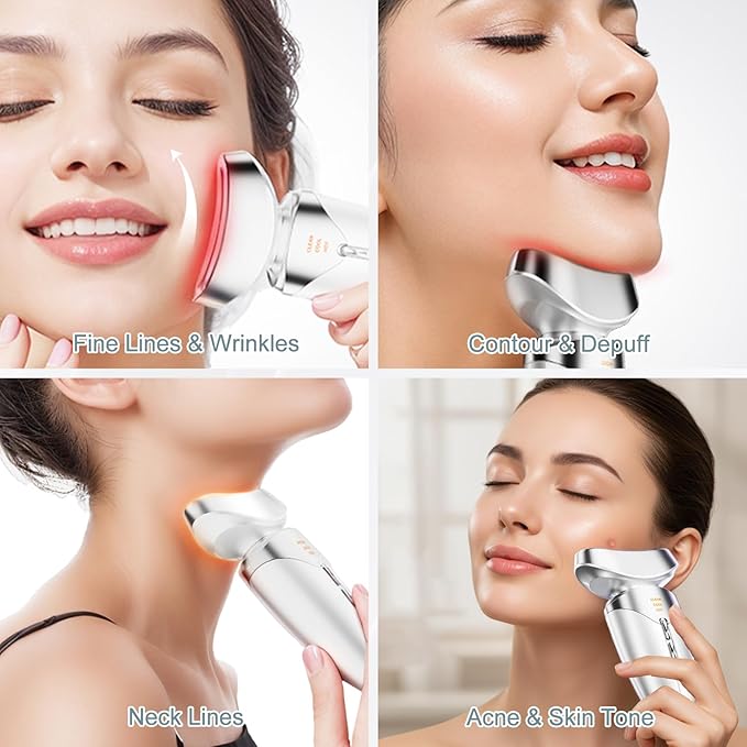 Red Light Beauty Device for Face and Neck, Based on High-end Red and Blue LED Light, Facial Cold and Hot, Vibration Technology, 3 Color Led Face and Neck Beauty Device for Home Use, Pearly White