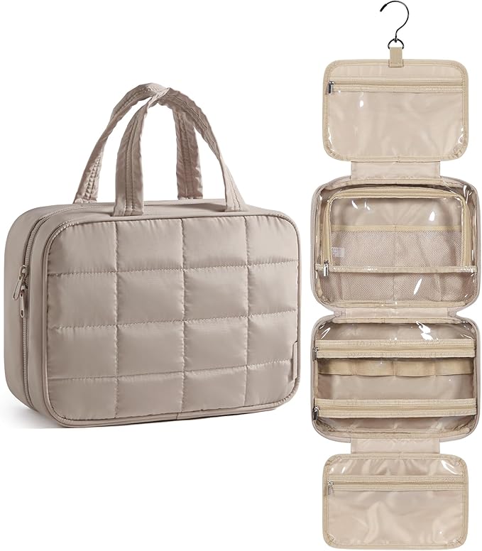 BAGSMART Travel Toiletry Bag for Women, Hanging Travel Bag for Toiletries, Puffy Makeup Cosmetic Bag Organizer, Carry-on Travel Accessories Essentials, Camel