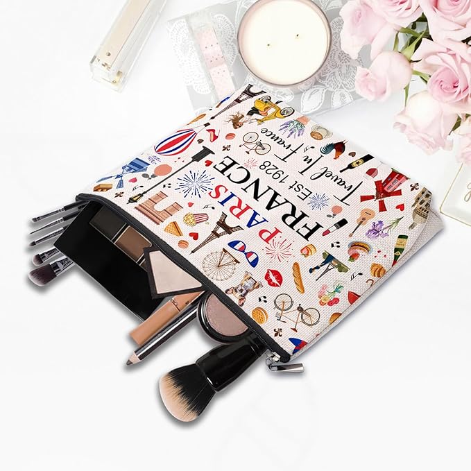 Paris Travel Gifts for Women Makeup Bag, Paris City Themed Souvenirs Cosmetic Bag, Zipper Pouch