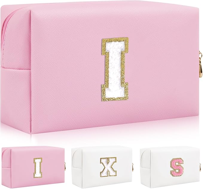 Iqimott,Personalized Initial Letter Patch Makeup Bag, Preppy Portable Chenille Letter Cosmetic Bag with Zipper, PU Leather Travel Toiletry Bag Monogram Make Up Pouch for Women Girls(Letter I)