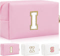Iqimott,Personalized Initial Letter Patch Makeup Bag, Preppy Portable Chenille Letter Cosmetic Bag with Zipper, PU Leather Travel Toiletry Bag Monogram Make Up Pouch for Women Girls(Letter I)