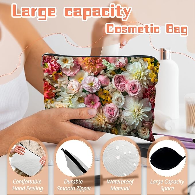 Makeup Bag Travel Cosmetic Bags Small Makeup Case Waterproof Zipper Pouch for Women Girls 7X9inches - Exuberant Array of Multicolored Fresh Flowers