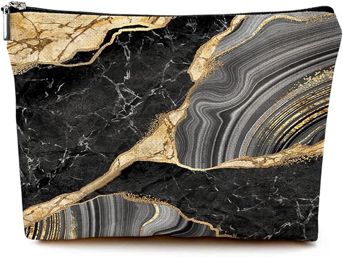 Cute Makeup Bag for Purse Canvas Waterproof Funny Cosmetic Bags for Women Zipper Travel Toiletry Pouch-Black Marble Makeup Bags