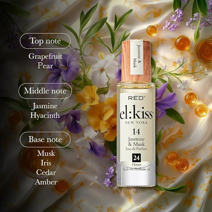 EL:KISS Roll On Perfume, Jasmine & Musk Inspired by Eau Tendre, Eau de Parfum 12mL (.40 Fl Oz), Hydrating & Long-Lasting, Alcohol & Mineral Oil-Free, Infused With Jojoba, Argan & Coconut Oil