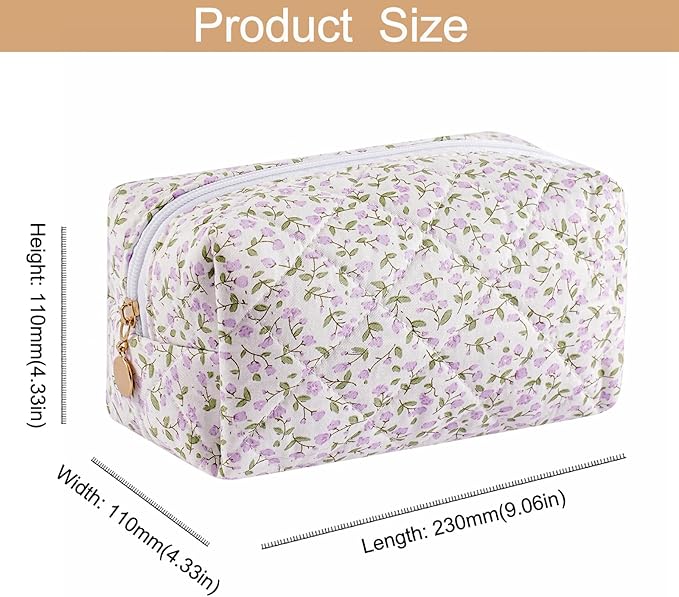Makeup Bag Travel Cosmetic Bag for Women Girls, Zipper Make Up Pouch, Floral Flowers Toiletry Organizer Makeup, Portable Storage Cosmetic Travel Cloth Bag (Purple Floral)