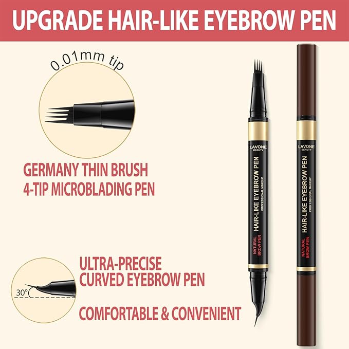 LAVONE Eyebrow Pen, 2-in-1 Eyebrow Pencils for Women with 4 Tip Microblading Eyebrow Pencil and Curved Precise Brow Pencil, Waterproof Eyebrow Pencil Create Full, Natural Hair-Like Brows, Medium Brown