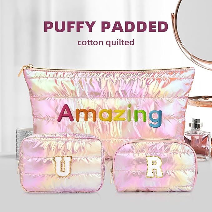 Hiroyuki Iridescent Quilted Makeup Bag, 3pcs Cosmetic Bag Set, Large Capacity Travel-Friendly Pouch (URAmazing, pink)