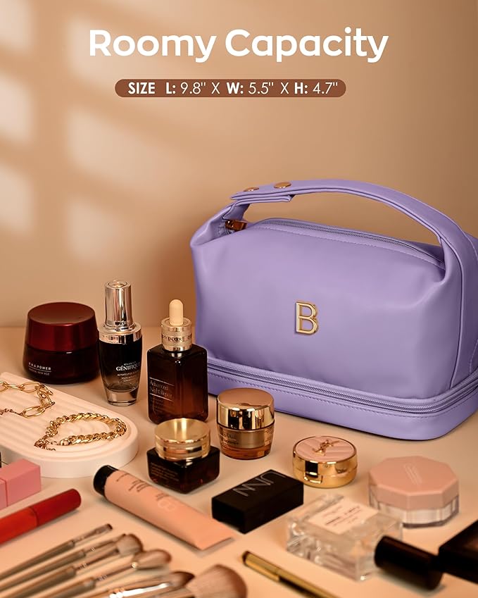 Makeup Bags for Teens Girls, Initial Double Layer Cosmetic Bag with Makeup Brush Organizer, Large Capacity PU Leather Travel Toiletry Bag, Gifts for Friends Female Mom
