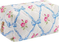 Floral Cotton Makeup Brush Cosmetic Bag for Women, Travel Quilted Zipper Pouch, Large Capacity Flowers Toiletry Organizer, Kawaii Makeup Storage Case, Cosmetic Travel Cloth Bag-Blue Bow
