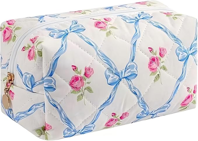 Floral Cotton Makeup Brush Cosmetic Bag for Women, Travel Quilted Zipper Pouch, Large Capacity Flowers Toiletry Organizer, Kawaii Makeup Storage Case, Cosmetic Travel Cloth Bag-Blue Bow
