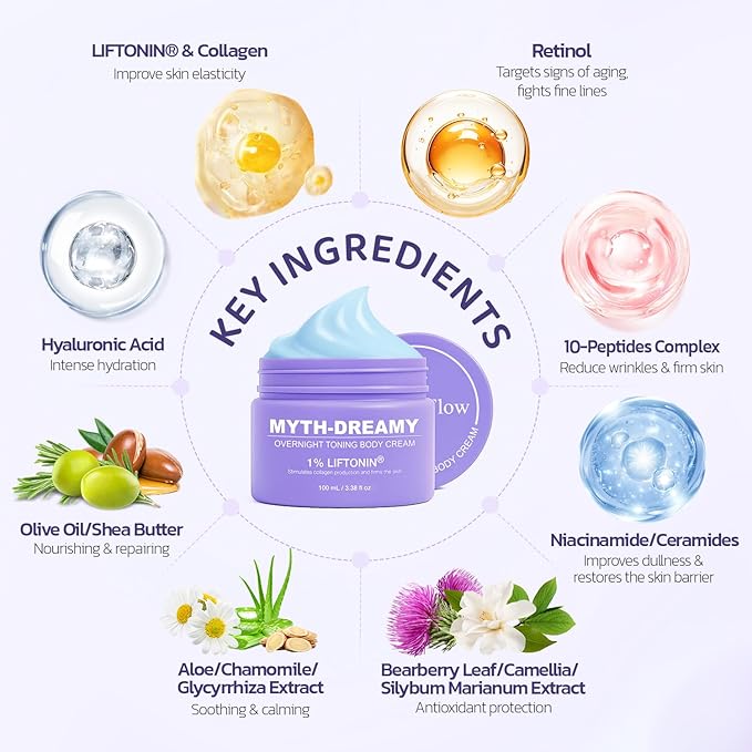 MYTH-Dreamy Overnight Toning Whip Firming Cellulite Cream, Skin Firming and Tightening Lotion While You Sleep - Helps Tighten Loose Skin & Cellulite on Belly, Booty, Arms & Thighs, with Gua Sha Tool