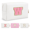 Personalized Makeup Bag Initial A-Z Preppy Patch Bag,Small PU Leather Travel Cosmetic Bag Pouch with Zipper,White Cute Toiletry Bag,Gift Ideal for Teen Girls Women Birthday Friend Mom,Letter W