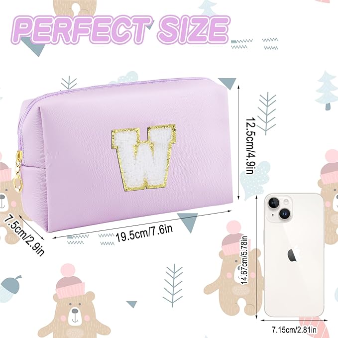 Gifts for Girls Initial Makeup Bag Personalized Cosmetic Bag with Zipper Cute Travel Toiletry Bag Waterproof PU Preppy Makeup Pouch Birthday Gift for Teen Girls Women(Purple W)