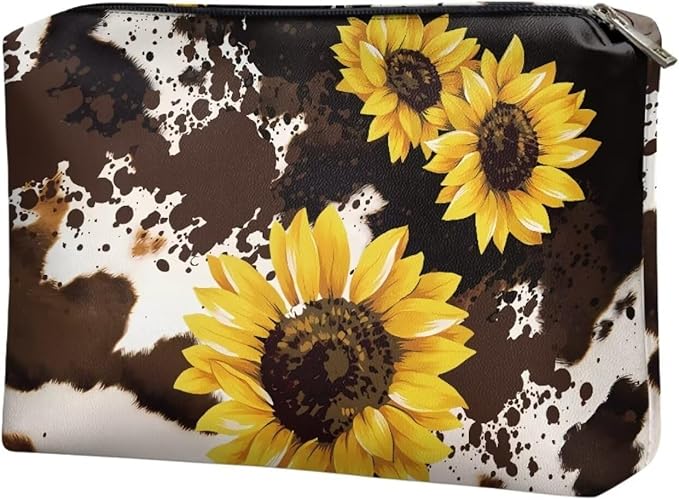 COEQINE Sunflower Cosmetic Bag for Women Leather Soft Cosmetic Bag With Black Cosmetic Purse for Travel Birthday Party Cow Print Cosmetic Purse With Zipper for Ladies Cell Phone Purse