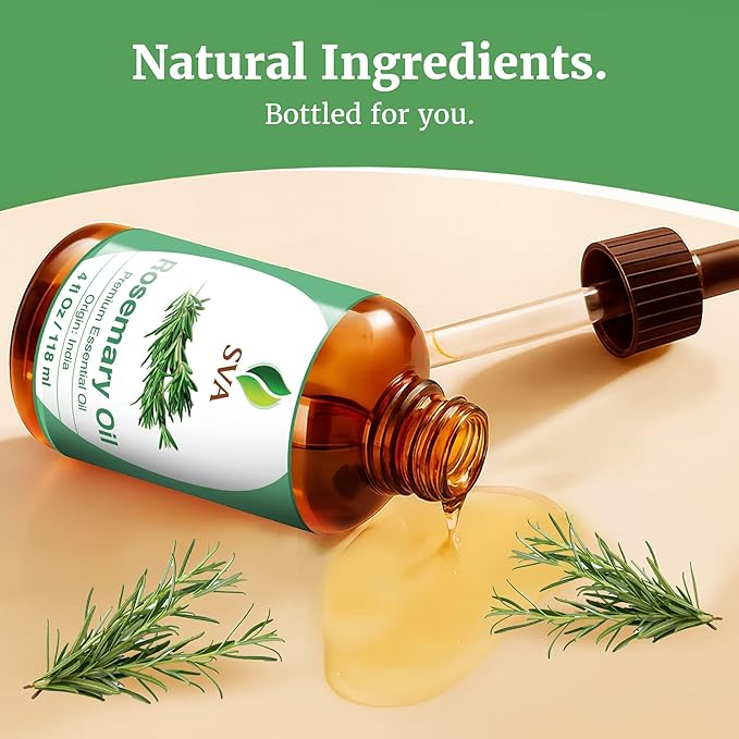 SVA Rosemary Essential Oil – 4 Fl Oz – 100% Natural Rosemary Oil for Hair, Face, Skin Care, Diffuser, Aromatherapy, Scalp, Body Massage, Soap and Candle Making – with Dropper