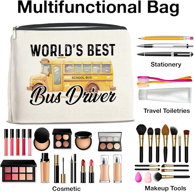 Bus Driver Gifts Makeup Bag School Bus Driver Appreciation Gifts, Thank You Gifts for Bus Driver, World Best Bus Driver Zipper Makeup Pouch