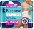 Because Adult Incontinence Underwear for Sensitive Skin - Women - Premium Overnight Disposable Briefs, Anti Odor - White, Small/Medium - Absorbs 6 Cups - 64 Count (4 Packs of 16)