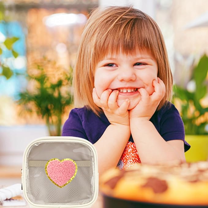 Clear Makeup Bag with 2 Cute Chenille patterns - Waterproof PU Leather Cosmetic Case, Mini Personalized Toiletry Pouch for Women & Teens, ideal for Travel & Gift