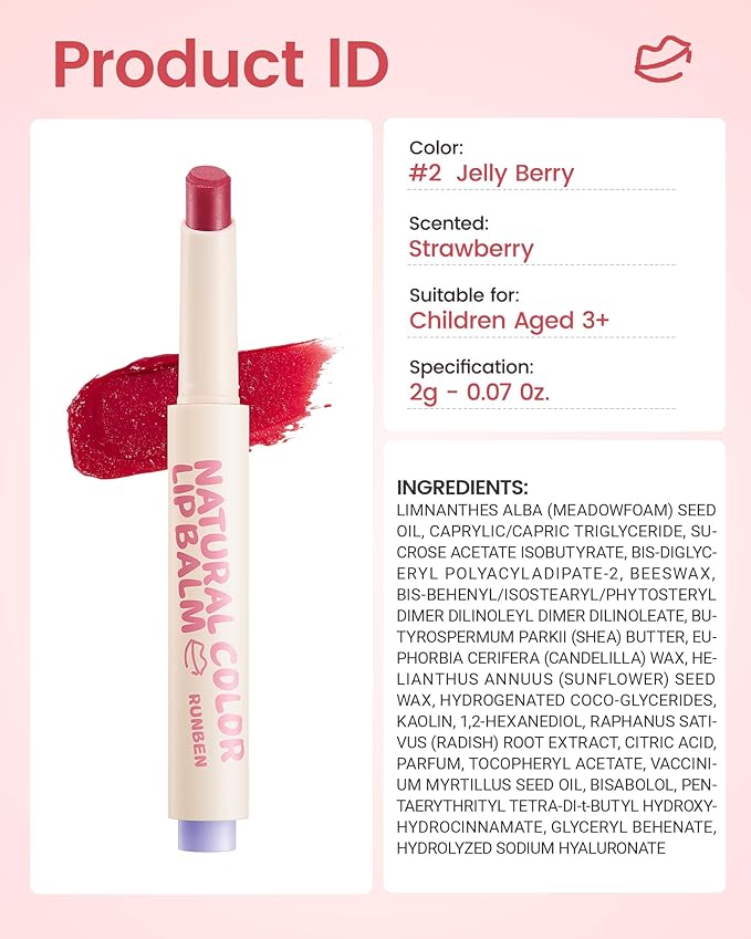 RUNBEN Kids Tinted Lip Balm, Strawberry-Scented Lipstick, 24H Moisturizing, Safe & Non-toxic Lip Gloss for Kids & Teen, Christmas Makeup Gift for Girls, 2g