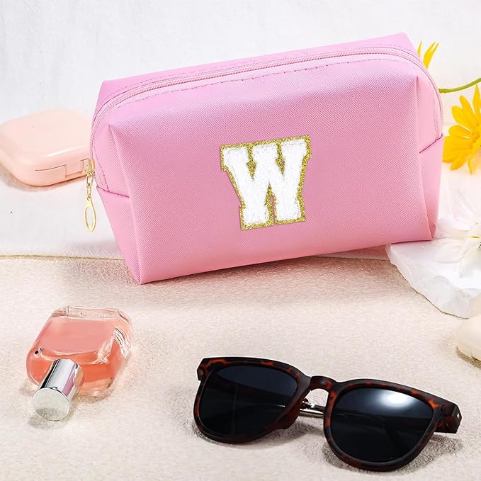 Initial Makeup Bag Personalized Preppy Travel Small Cosmetic Bag Cute PU Pink Chenille Letter Makeup Pouch for Purse Waterproof Zippered Toiletry Organizer for Women Girls Kids Friends (W)