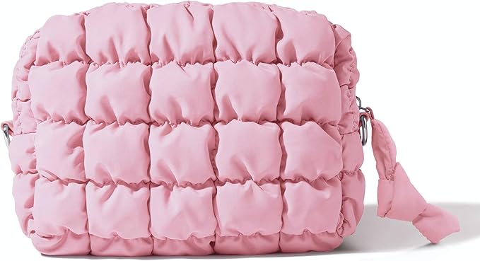 Yarnic Quilted Makeup Bag Cosmetic Bag, Travel Toiletry Bag for Women, Cute Makeup Bag Organizer Baby Pink Puffer Makeup Pouch (M, Pink)