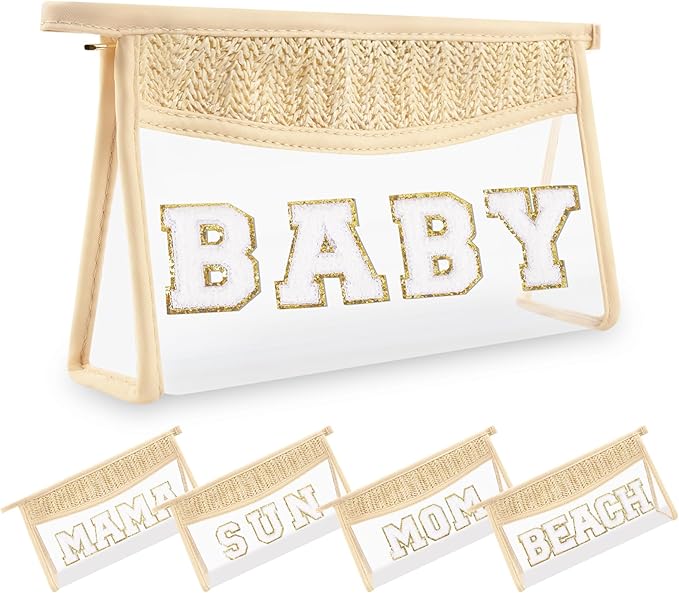 Small Boho Straw Clear Baby Makeup Bags for Women&Girls, Zipper Cosmetic Bag Chenille Varsity Letter Patch Bag, Preppy Cute Toiletry Pouch, Trendy Organizer Storage Bag for Beach Travel Essentials