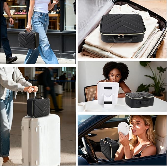 Travel Makeup Bag with LED Mirror, Large 12 Inch Cosmetic Train Case with Jewelry Organizer, 10X Magnifying Mirror, Adjustable Dividers for Cosmetics Makeup Brushes Toiletry, Includes 6 Velvet Pouches