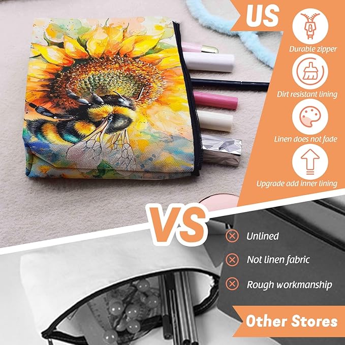 Cosmetic Bags Travel Makeup Toilet Case Waterproof Pouch for Women Girls 6.7X9.45inches - Bee on A Sunflower in Watercolor Painting