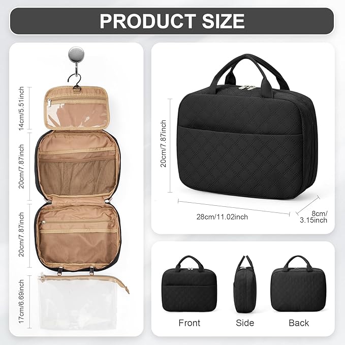 Travel Toiletry Bag For Women Small Hanging Toiletry Travel Makeup Bag lightweight Water-Resistant Toiletries Organizer case portable Cosmetic Bags For Women Black