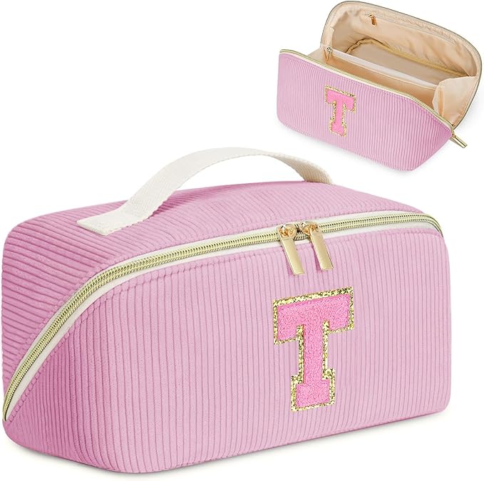 Personalized Initial Makeup Bag,Christmas Gifts for Girl,Preppy Bag Cosmetic Travel Bag Women,Travel Toiletry Organizer,Large Capacity Corduroy Stuff Bag,Cute Cosmetic Pouch Skincare Bag-T