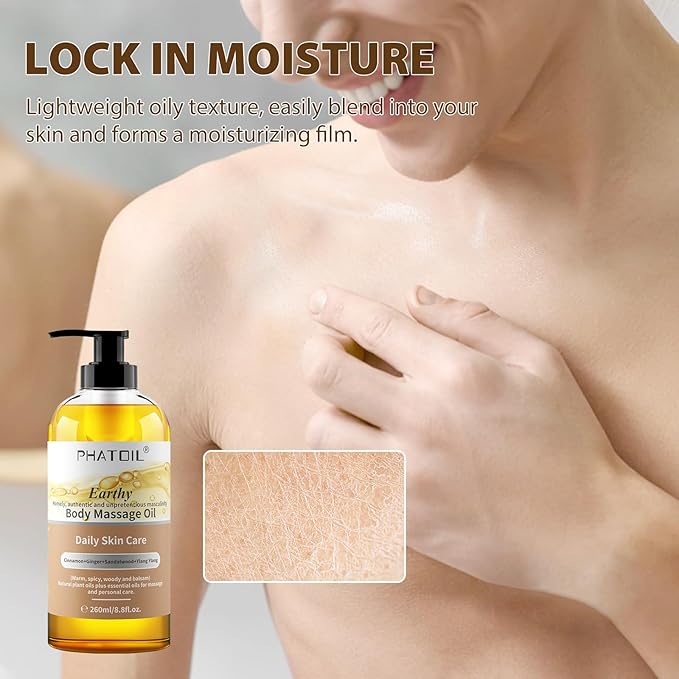 PHATOIL Sandalwood Body Oil for Men with Ginger, YlangYlang, Cinnamon, 260ml Large Bottle Body Oil for Skin, 8.8 fl.oz Premium Moisturizer Oil for After Shower, Great for Skin and Body Care