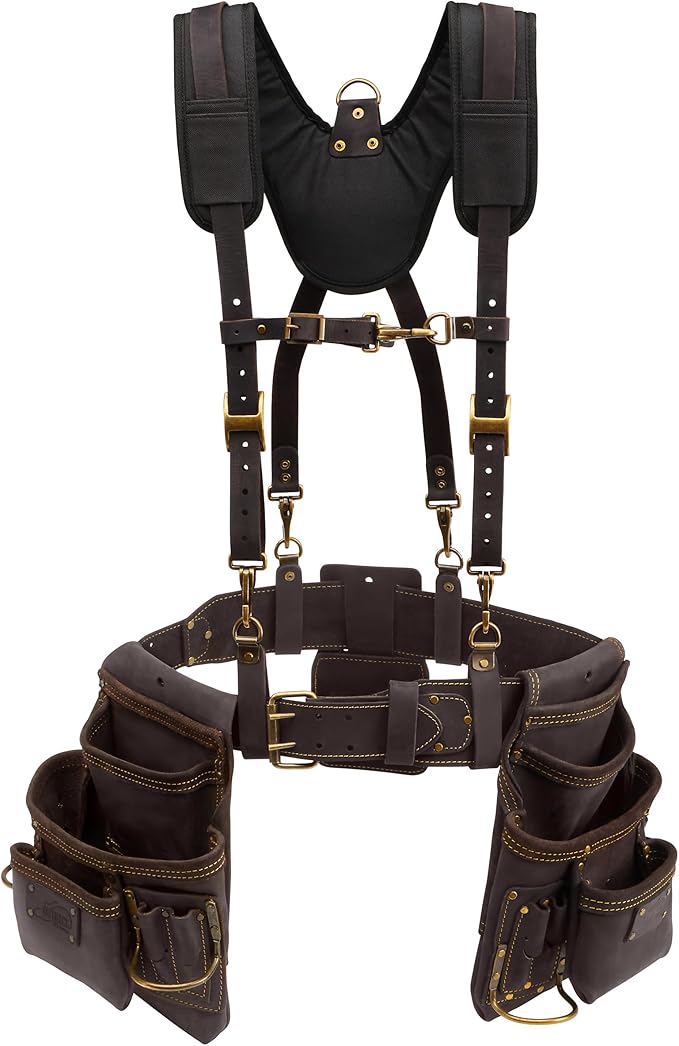 OX Pro Oil Tanned Leather Framing Rig with Padded Suspenders Leather Carpenter Tool Belt with Suspenders and Tool Pouches Dual Hammer Holsters OX-P263609