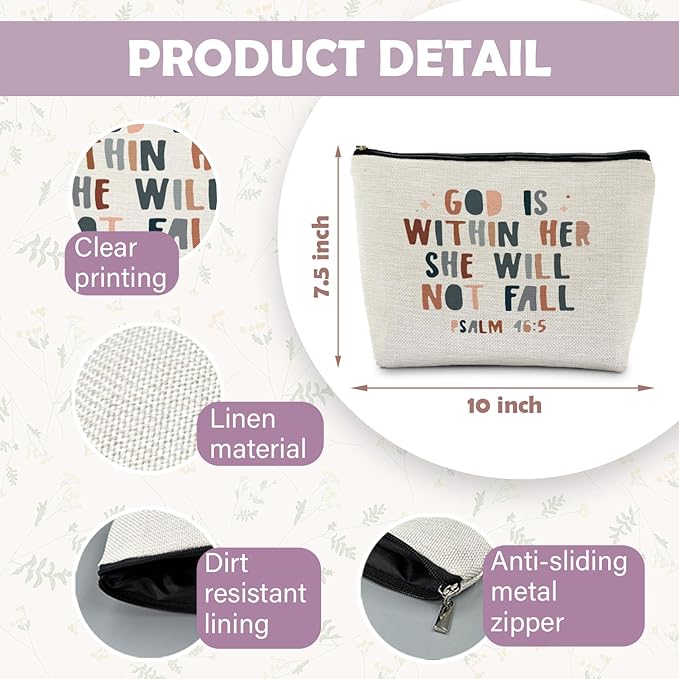 God is Within Her She Will not Fall Cosmetic Bag, Christian Gifts for Women, Bible Verse Gifts, Christian Makeup Bag, Religious Gifts for Christian Woman Cosmetic Bag Toiletry Bag