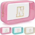 Personalized Initial Clear Makeup Bag, Travel Chenille Patch Cosmetic Bag, Preppy Toiletry Bag Monogram Cosmetic Pouch with Zipper, Ideal Gift for Teen Girls Women (Clear-Pink, N)