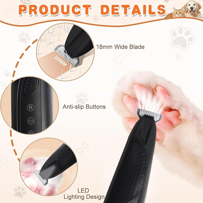 Professional Dog & Cat Trimmer - Quiet Electric Pet Grooming Kit for Ears/Eyes/Paws with LED Light - Cordless Battery-Powered Fur & Nail Clipper for Small/Large Breeds (Black)