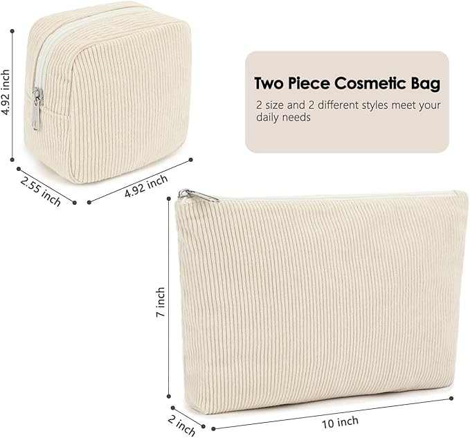 Corduroy Makeup Bag, Travel Cosmetic Bag Organizer Toiletry Bag Make Up Bags with Zipper & Compartments for Women Girls, 2PCS