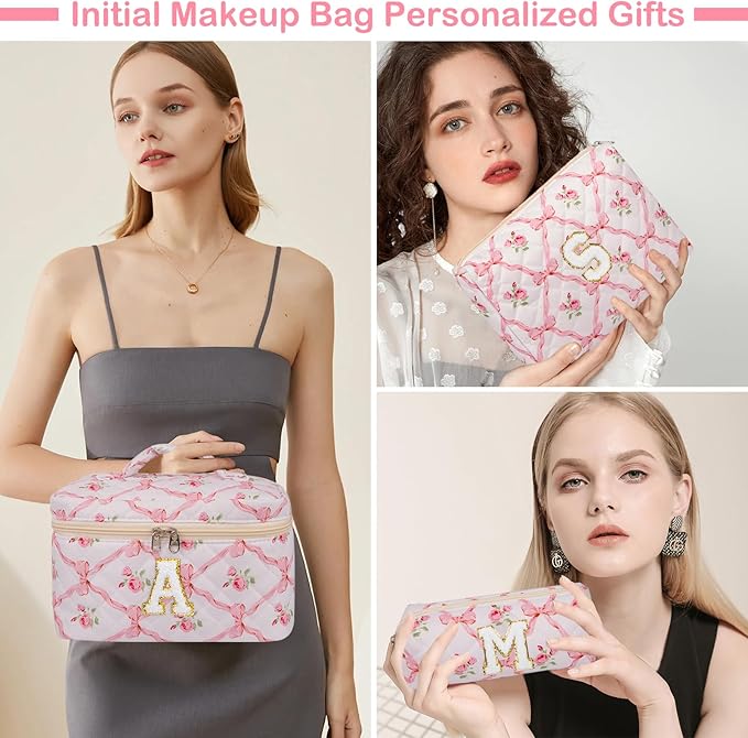 Personalized Initial Makeup Bag Set, Quilted Makeup Bag, Large Floral Cosmetic Bag for Women, Cute Cotton Custom Make up Bags, Flower Travel Toiletry Bag Teen Girl Gift Trendy Stuff Gift L