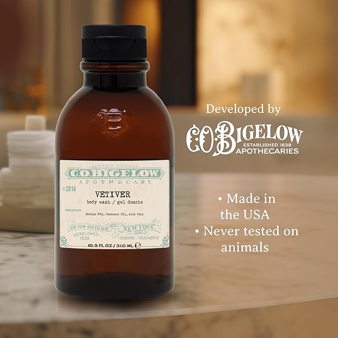 C.O. Bigelow Iconic Collection Vetiver Body Wash, Scented Shower Gel with Coconut Oil and Aloe Vera, 10.5 fl oz