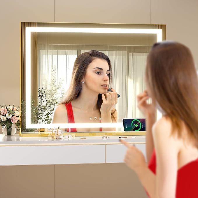 Hasipu Vanity Mirror with Lights, 28" x 20" LED Makeup Mirror, Lighted Makeup Mirror with Dimmable 3 Modes, Touch Screen Control Vanity Mirror Square Gold
