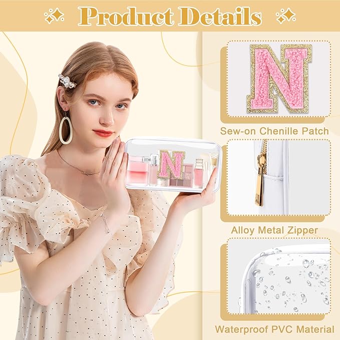 Personalized Initial Letter Clear Makeup Bag,Preppy Small Nylon&PVC Cosmetic Zipper Bag with Chenille Letter,Travel Skincare Toiletry Bag,Monogram Christmas Gift for Teen Girls Women,N