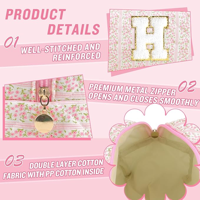 Personalized Quilted Cosmetic Bag, Puffy Monogrammed Christmas Birthday Gifts for Women & Girls, Cute initial Floral Makeup Bag Puffer Coquette Bag, Aesthetic Travel Toiletry Zipper Pouch(Pink,H)