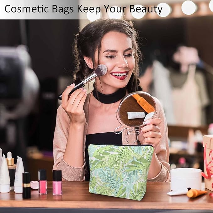 Palm Leaves Makeup Organizer Bag Cosmetic Bag For Men Women, Tropical Beach Palm Leaf Floral Travel Toiletry Bag Flax Makeup Bags Purse Business Makeup Pouch For Toiletries Cosmetics Green