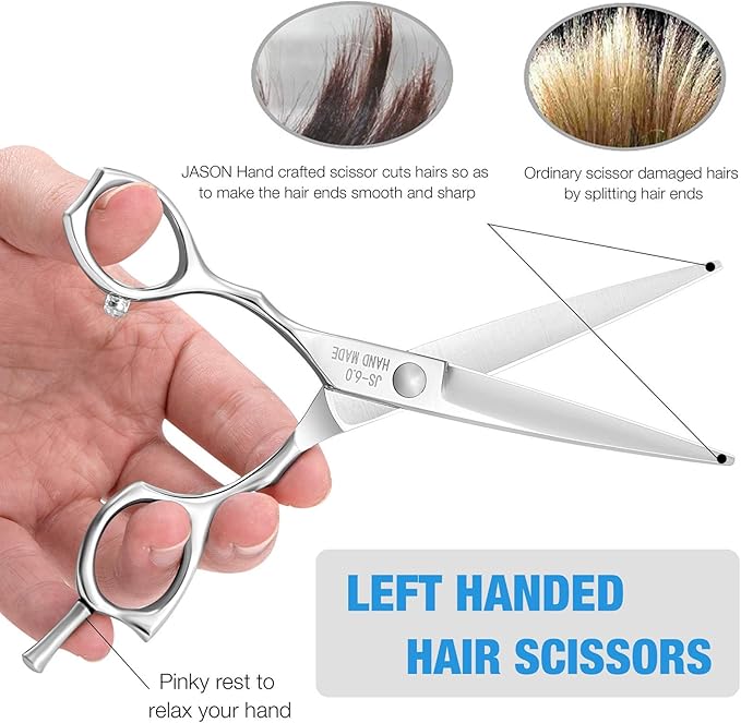 JASON 6 Inch Left Handed Barber Hair Cutting Scissors Professional Salon Shears Razor Edge Hairdressing Scissor Japanese Stainless Steel Reversible Haircut Shear for Men Women Christmas Gift