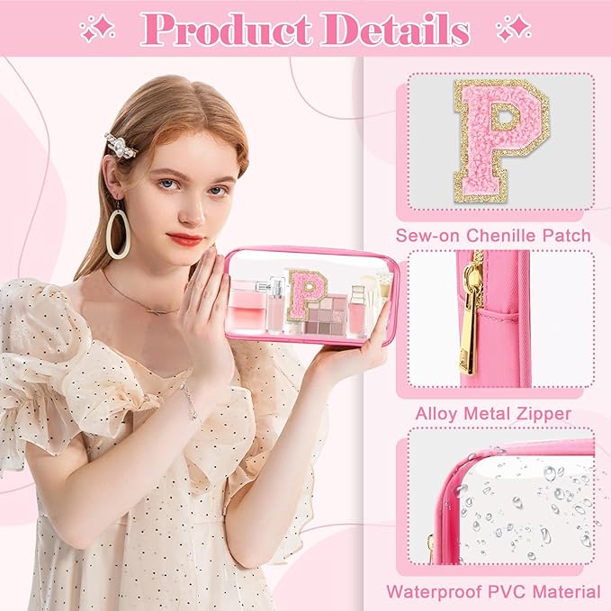 Personalized Initial Letter Clear Makeup Bag,Preppy Small Nylon&PVC Cosmetic Zipper Bag with Chenille Letter,Portable Beach Travel Skincare Toiletry Bag,Trendy Monogram Gift for Teen Girls Women,P