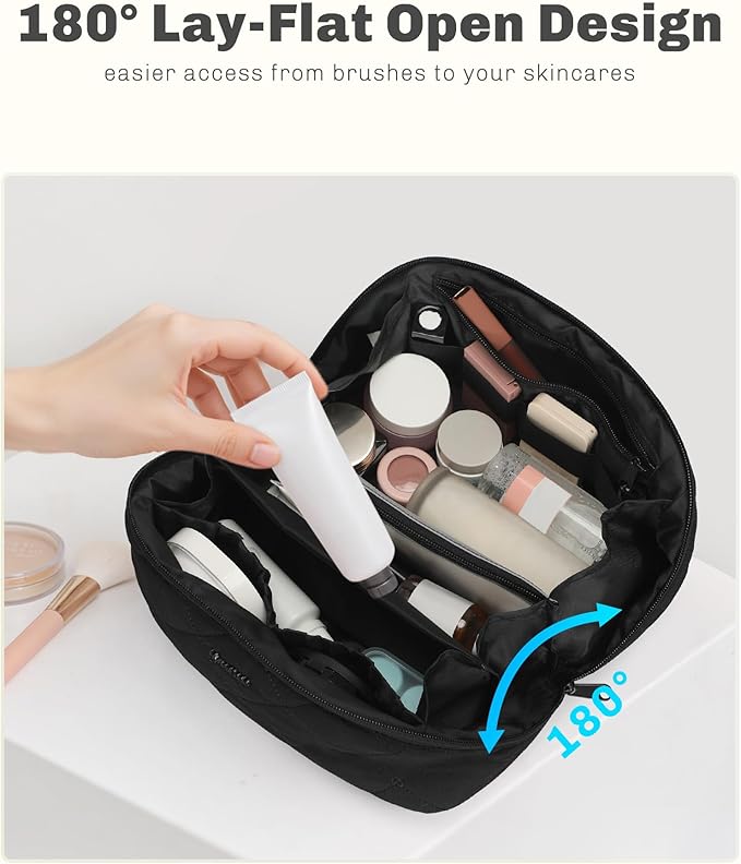 Hynes Eagle Travel Makeup Bag for Women Puffy Cosmetic Organizer Pouch Open Flat Toiletry Bag for Toiletries, Brushes Black