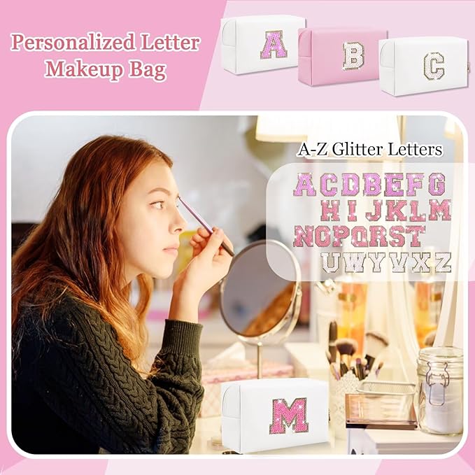 Small Personalized Glitter Initial Letter Makeup Bag, Cute PU Leather Chenille Letters Cosmetic Bag Travel Makeup Pouch, Preppy Travel Organizer Zipper Pouch for Women&Girls（WhiteRosePink-M）