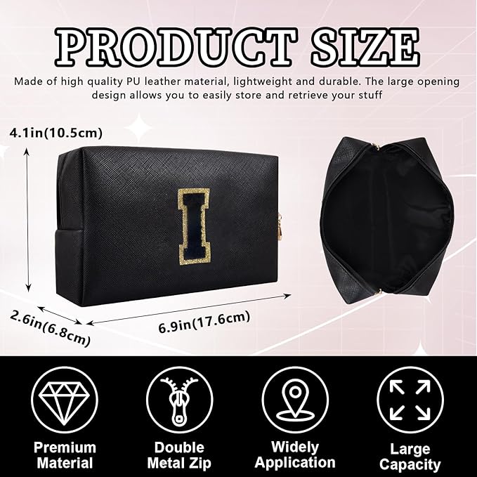 Personalized Initial Letter Patch Makeup Bag, Preppy Portable Chenille Cosmetic Bag with Zipper, PU Leather Waterproof Travel Toiletry Bag Monogram Make Up Pouch for Women Girls