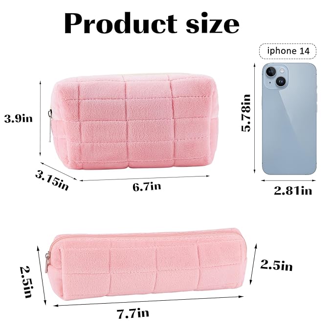 ZLFSRQ 2Pcs Pencil Case Cute Pencil Pouch for Teens Plush Makeup Bag Travel Cosmetic Bag Set Pink Makeup Pouches Purse Preppy Zippered Toiletry Bags Organizer Trendy Zipper Skincare Storage Organizer